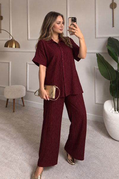 Mivoon Textured Wrinkled Fabric Women's Shirt and Pants Set Xl-6Xl