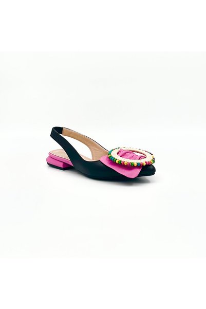 Folle Black Fuchsia Genuine Leather Slingback Ballerinas – Colorful Bead Detailed 2 cm Heels