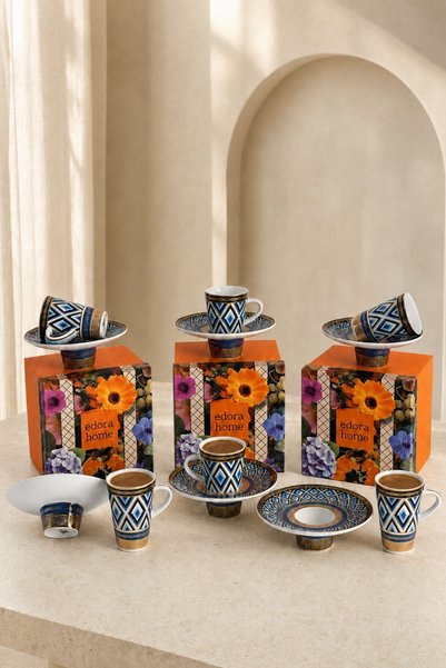 Edora Home Türk Kahvesi Fincan Takımı İçe Geçmeli Mosaic Mask 6 Kişilik 12 Parça (Makinede Yıkanmaz)