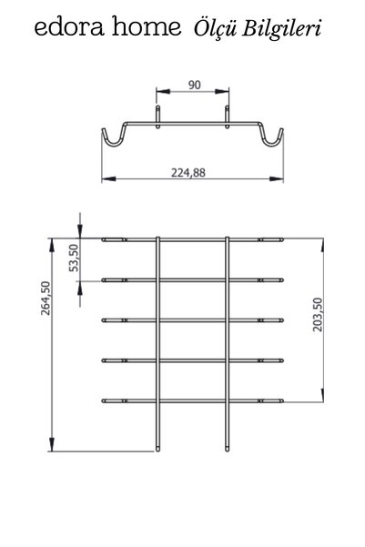Edora Home Parlak Altın 10 Kancalı Bardak Askılığı Raf Altı Kupa Fincan Düzenleyici Paslanmaz Metal