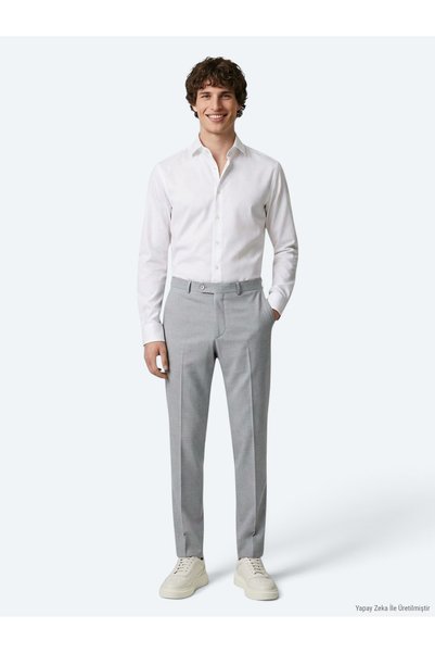Kip Gri Düz Dokuma Fitted Fit Klasik Pantolon