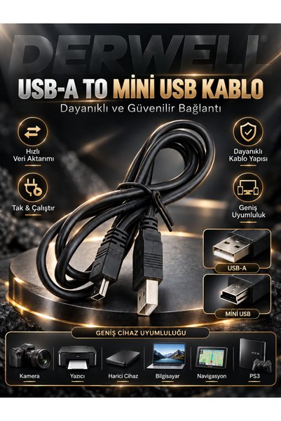 Derwell 1.5 Metre Mini Usb To Usb Data Şarj Kablosu Kamera Mp3 Ps3 Radyo Navigasyon Şarj Kablosu Piramit Uç