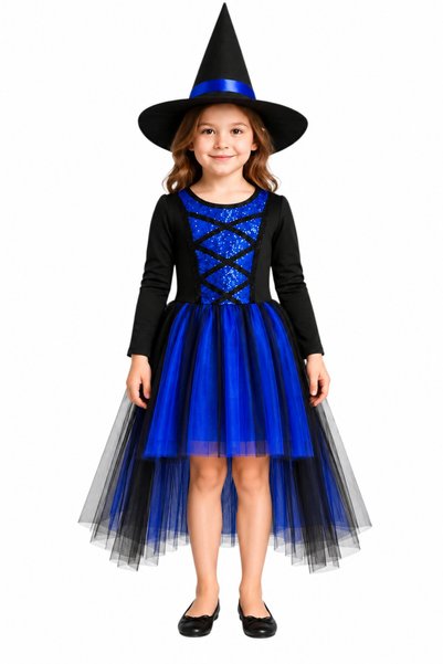 Gala Kostüm Hallowen Cadılar Bayramı Mavi Kız Çocuk Cadı Kostümü