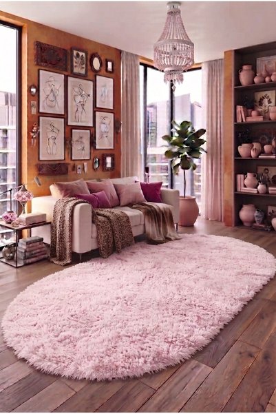 SOFT DECOR Pembe Kaymaz Taban Peluş Kesme Oval Yolluk Tozumaz Yumuşak Dokulu ...