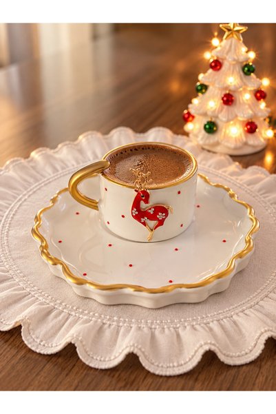 luxurychampagnetr Red Gold Detailed Turkish Coffee Cup Set with Deer Figures