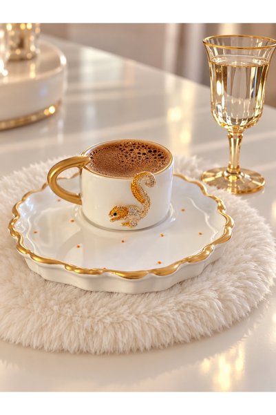 luxurychampagnetr Stone Embellished Turkish Coffee Cup Set with Squirrel Figu...