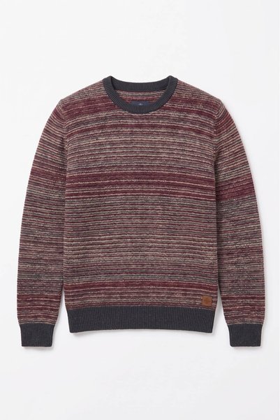 SMILE Montego Burgundy Wool Crew Neck Striped Sweater