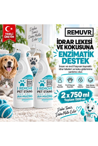 REMUVR Leke Çıkarıcı Enzimatik Sprey 750 ml Halı Koltuk Kumaş Kedi Köpek İdrar ve Koku Giderici x 2 Adet | Kedi Köpek, Halı Koltuk Yatak