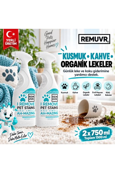 REMUVR Leke Çıkarıcı Enzimatik Sprey 750 ml Halı Koltuk Kumaş Kedi Köpek İdrar ve Koku Giderici x 2 Adet | Kedi Köpek, Halı Koltuk Yatak