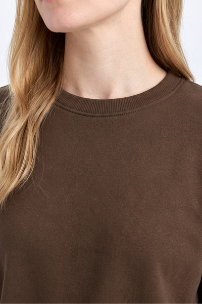 assef Women's Relax Fit Comfortable Cut Cotton Soft Textured 3-Thread Fleece Crew Neck Brown Sweatshirt