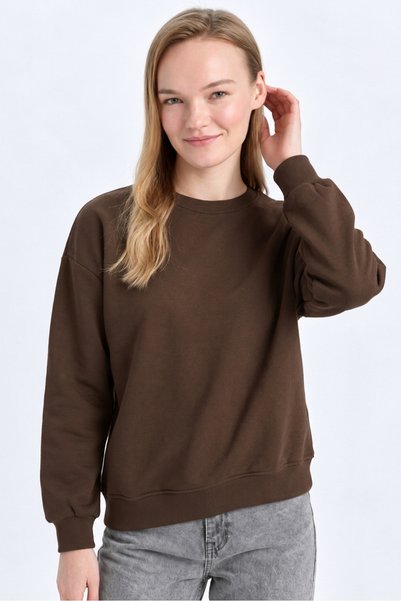 assef Women's Relax Fit Comfortable Cut Cotton Soft Textured 3-Thread Fleece Crew Neck Brown Sweatshirt