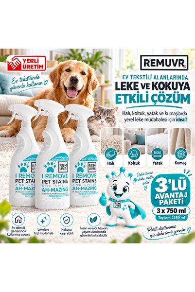 REMUVR Leke Çıkarıcı Enzimatik Sprey 750 ml Halı Koltuk Kumaş Kedi Köpek İdrar ve Koku Giderici x 3 Adet | Kedi Köpek, Halı Koltuk Yatak