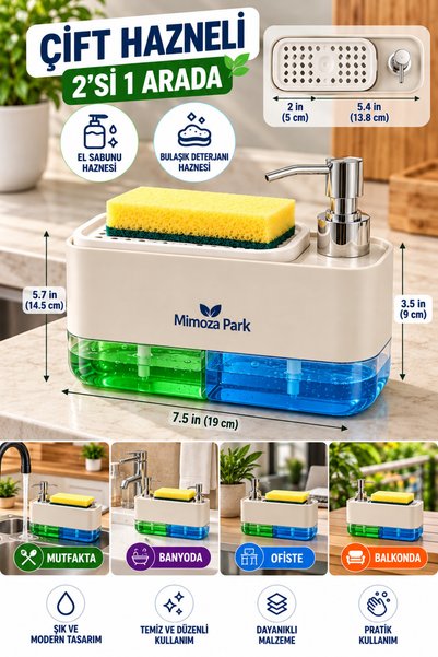 MİMOZA PARK 3-in-1 Double Chamber Liquid Soap Dispenser and Automatic Deterge...
