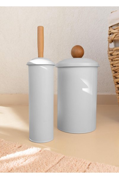 The Mia Stripe Çöp Kovası Tuvalet Fırçası Banyo Seti Beyaz