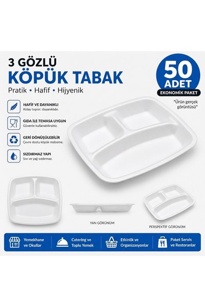 Genel Markalar 3 Gözlü Köpük Tabldot Tabak 50 Adet Adet Sert Köpük Yemek Serv...