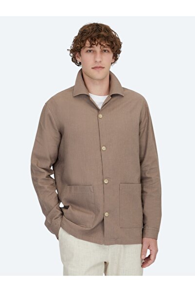 Kip Dark Mink Regular Fit Woven Cotton Blend Overshirt