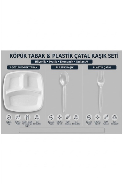 meretopack 50 Adet Üç Gözlü Köpük Tabak 50 Adet Plastik Kaşık ve Çatal Seti