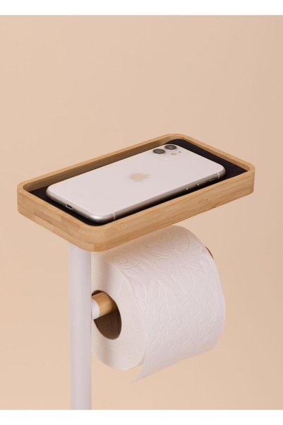 The Mia Toilet Paper Stand with Bamboo Tray and Brush White Glv0760