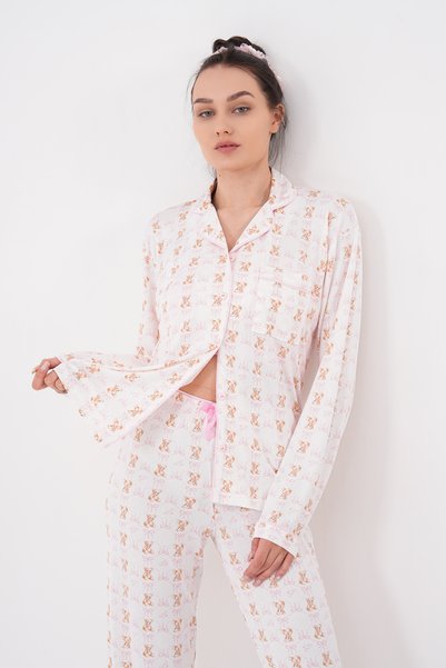 LULUS FRİENDS Shirt Collar Long Sleeve Front Heart Button Pocket Detailed Mini Teddy Bear Bow Patterned Women's Pajama Set Premium Milan Fabric