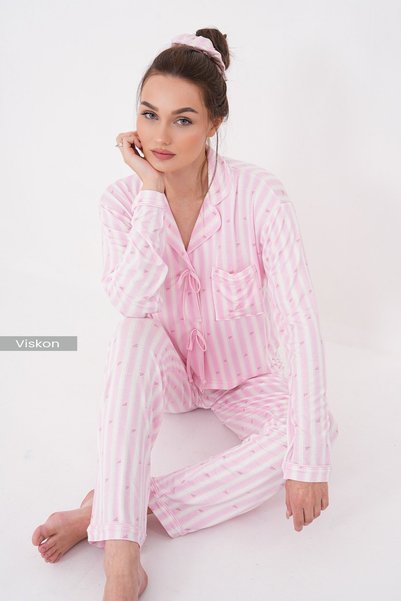 LULUS FRİENDS Striped Long Sleeve Baby Collar Front Bow Tie Detailed Pants Pajama Set