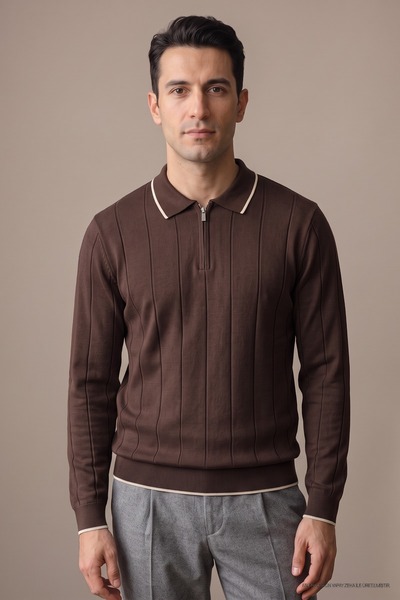 Maccali Men's Casual Polo Collar Zippered Dark Brown Striped Knit Sweater