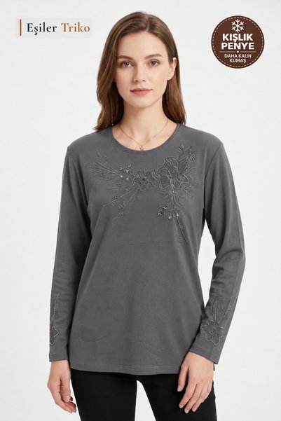 Eşiler Triko بلوزة نسائية رمادية اللون بنمط الفاوانيا الشتوية مع ياقة وأكمام ...