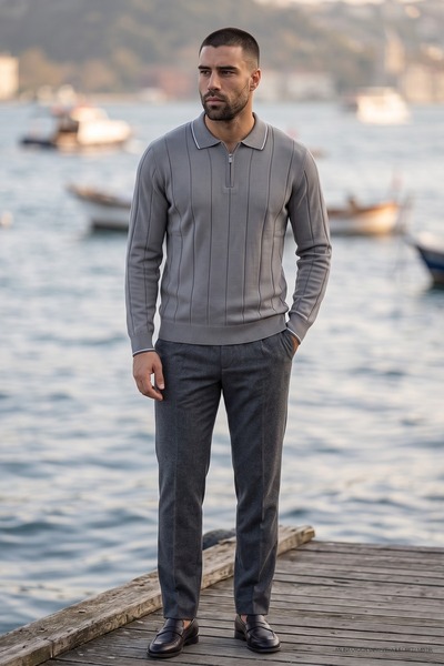 Maccali Men's Casual Relaxed Knitted Patterned Smoked Sweater