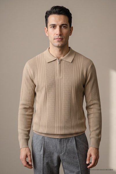 Maccali Pulover tricotat cu fermoar, bej, cu guler polo, pentru bărbați