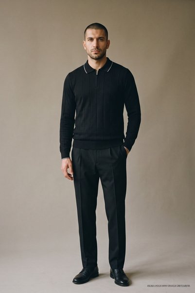 Maccali Pulover cu guler polo, cu fermoar, pentru bărbați, cu dungi negre, pe...