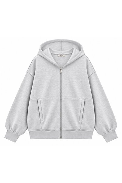 olleo studio Women's Gray Melange Hooded Oversize Modal Fabric Soft Touch Zippered Cardigan