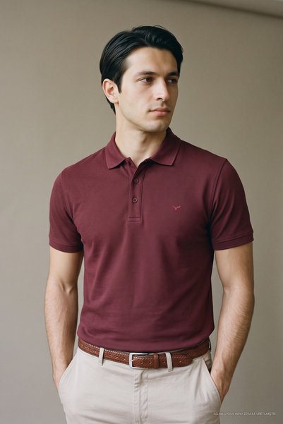Maccali Tricou pentru bărbați, din țesătură premium texturată, importat, de culoare burgundy, cu guler polo