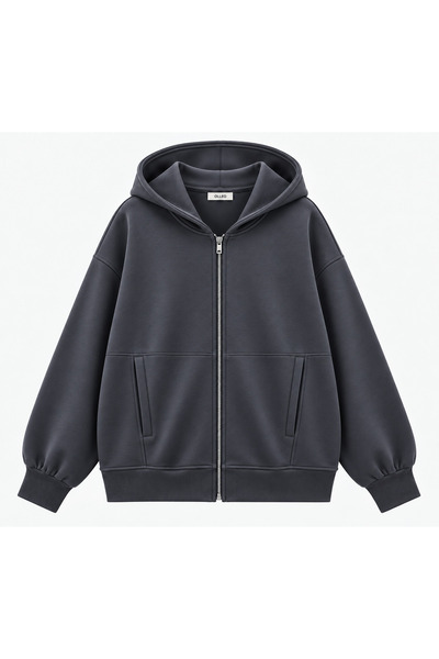 olleo studio Women's Anthracite Hooded Oversized Modal Fabric Soft Touch Zippered Cardigan