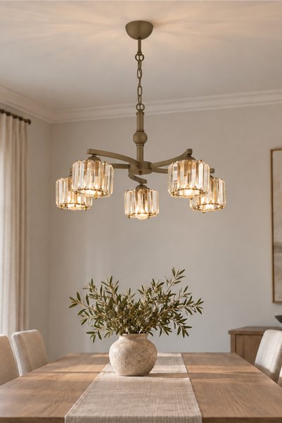 Apliqa Amir 5 Kollu Eskitme Kristalli Taşlı Modern Tasarım Kristal Salon Avize