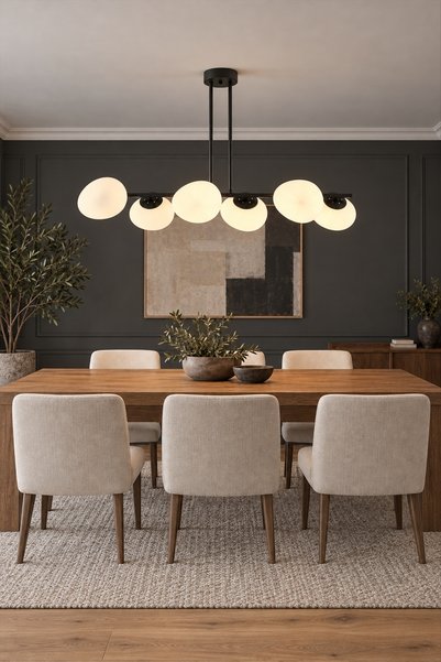 Apliqa Tristan 6'Lı Sıralı Siyah Modern Yemek Masası Üstü, Salon Avize
