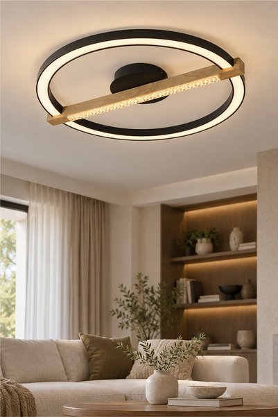 Apliqa April Siyah Yuvarlak 58 Watt Plafonyer Ahşap Desenli Modern Salon Led ...