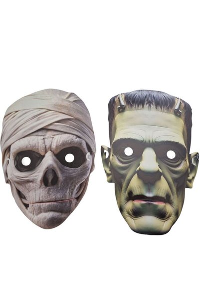 partidolu Arkadan Lastikli Drakula ve Mumya Halloween Karton Maskesi 2 Adet