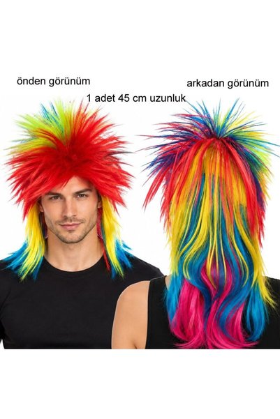 partidolu Gökkuşağı Rainbow Renk Retro 80 li Yıllar Disko Parti Peruğu 45 Cm