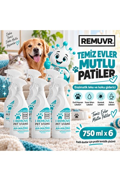 REMUVR Enzimli İdrar Lekesi ve Koku Giderici Sprey 750 ml x 6 Adet – 4,5 Litre Ekonomik Paket