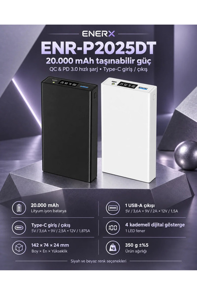 ENERX Powerbank 20000 mAh 22.5 Watt Led Göstergeli ENR-P2025DT Beyaz