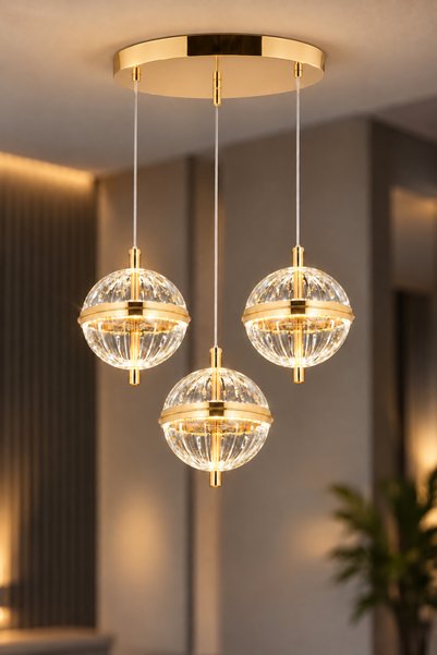 İstanbul Avize Küre 3'lü Gold 3 Renk Gold Led Modern Ledli Avize