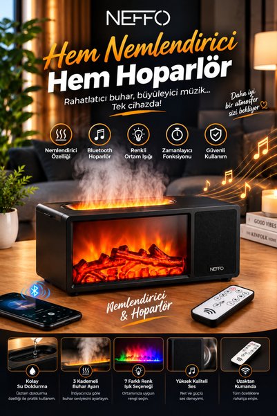 NEFFO Bluetooth 5.0 Retro Gramofon Hoparlör Şömine Efektli Nemlendirici USB Bağlantılı Soğuk Buharlı Nemlendirici