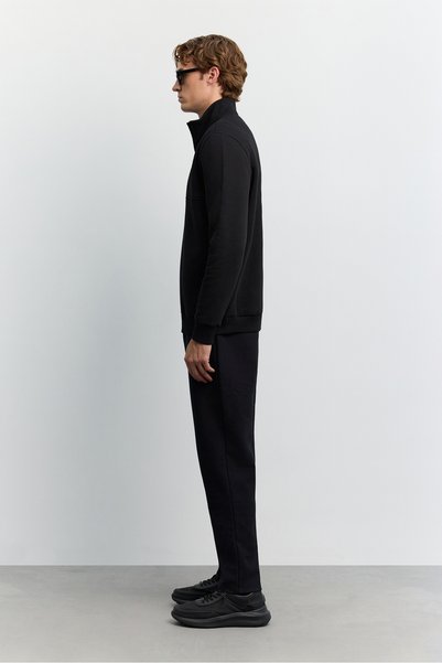 Avva Men's Black Stand Collar Zippered 3 Thread Ribbed Sweatshirt A62Y1351