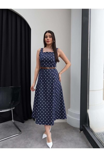 ESRAHELVACI Polka Dot Square Neck Belted Midi Dress
