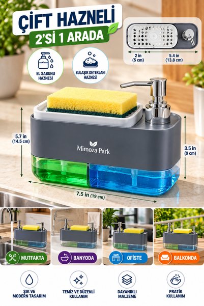 MİMOZA PARK 3-in-1 Double Chamber Liquid Soap Dispenser and Automatic Deterge...