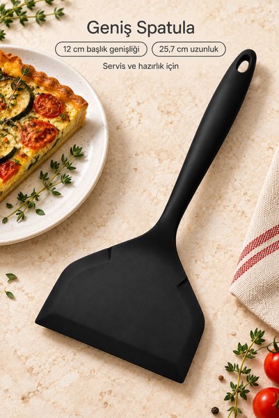 Tilbe Home 4lü Silikon Mutfak Servis Seti Kaşık Spatula Maşa Yemek Pişirme Karıştırma Hazırlık Gereçleri Siyah