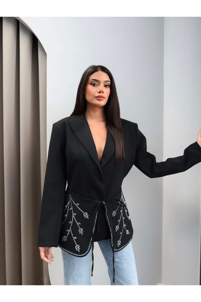 ESRAHELVACI Jachetă blazer cu curea, cu aplicații de pietre