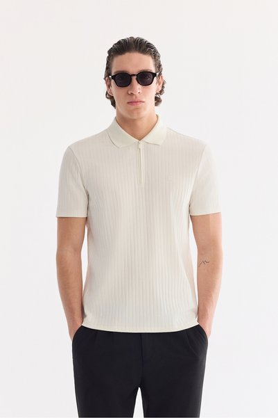 Avva Tricou pentru bărbați, ecru, cu guler polo, cu fermoar, 100% bumbac, cro...