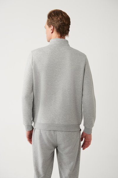 Avva Men's Gray Stand Collar Zippered Raised 3 Thread Sweatshirt E 001020