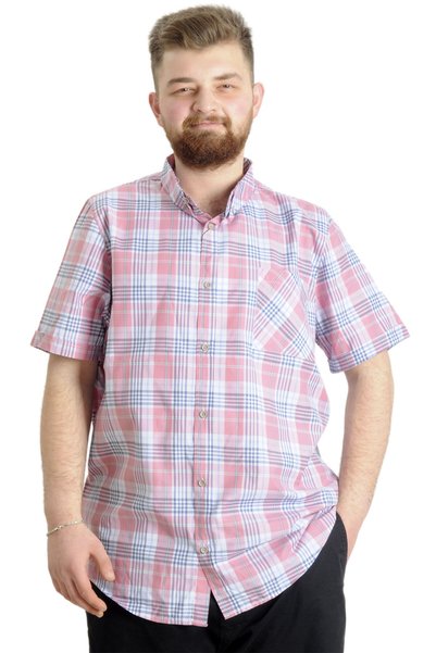 ModeXL Mode XL Large Size Men's Shirt Plaid Short Sleeve 23301 Ecru