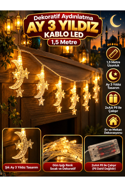 KAYAX Dekoratif Aydınlatma 1,5 metre Ay 3 Yıldız kablo led - Ramazan ledi